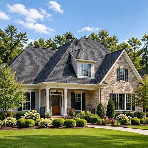 Roofing inspiration: a stone and cream home with a dimensional shingle roof